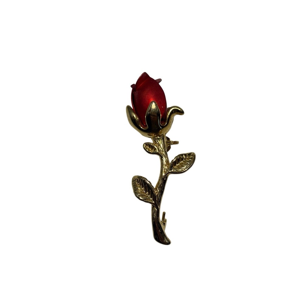 Vintage Gold Tone Elegant Red Enamel Rose Love Valentines Love Brooch Pin